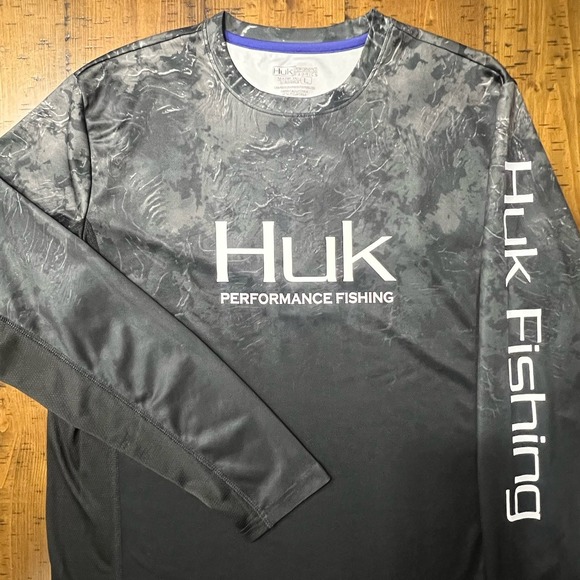 Huk Performance Fishing Long Sleeve Camo Shirt Men L Gray Black Moisture Wicking - Picture 6 of 13
